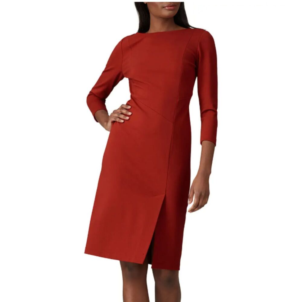 Lafayette 148 Aldrich Red Midi Sheath Dress 3/4 Sleeve Asymmetrical Seam 8